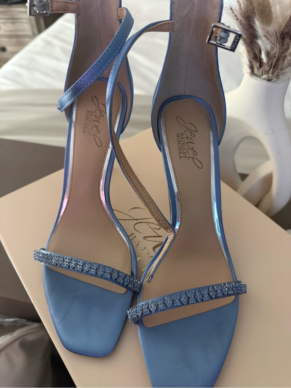 Jewel Badgley Mischka Light Blue Satin Ankle-Strap Heels with Crystal Toe Straps
